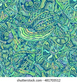 Vector seamless pattern with abstract shells. Hand drawn doodle background on theme of summer. Blue and green design. Vector illustration.
