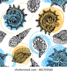 Vector seamless pattern with abstract shells. Hand drawn doodle background on theme of summer. Orange blue black and white design. Vector illustration.