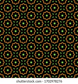 Vector seamless pattern. Abstract simple flower design. Orange and green elements on a black background. Modern minimal illustration perfect for backdrop graphic design, textiles, print, packing, etc.