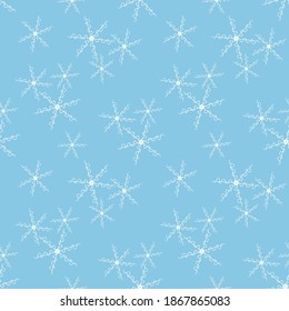 Vector seamless pattern with abstract snowflakes, flowers, wavy shapes. Stylish minimalist doodle style background. Texture in blue and white color. Modern repeat design for decor, wrapping, textile