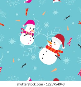 Vector seamless pattern Abstract snowman boys and girls Is on a blue background Suitable for making illustrations, gift wrapping paper. Greeting Cards in Christmas And happy new year