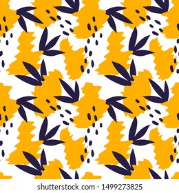 Vector Seamless pattern. Abstract spots and stylized plants, bright colors. Hand drawn various shapes