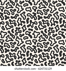 Vector seamless pattern with abstract spots. Black & white texture with small curved patches. Monochrome camouflage illustration. Repeat background. Design for prints, decor, package, furniture, cover