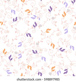 Vector seamless pattern of abstract spring leaves, flowers and curls on white background. For textile, cloth design, book and diary covers, wallpapers, print, gift packaging and scrapbook
