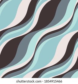 Vector seamless pattern. Abstract striped texture with blue and brown waves. Creative background with blots. Decorative design with waves.