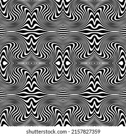 Vector seamless pattern . Abstract striped texture with bold monochrome waves . Creative background with blots . Abstract geometric pattern with wavy lines .hypnotic strip of steel on a black square .
