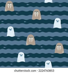 Vector seamless pattern - abstract striped waves with walrus and fur seal