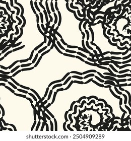 Vector seamless pattern. Abstract striped texture with bold monochrome waves. Creative background with hand drawn blots. Decorative design with distorted effect.