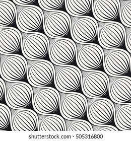 Vector seamless pattern. Abstract stylish background with stylized petals. Geometric striped elements.