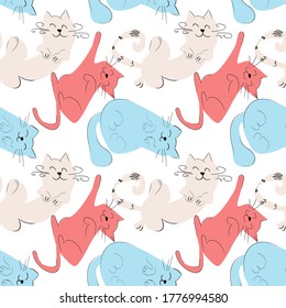 Vector seamless pattern with abstract stylized cats. Cats sleep in different poses on a white background.