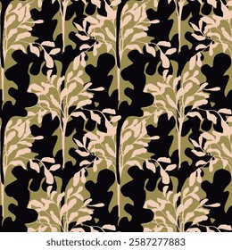 Vector seamless pattern with abstract stylized leaves and branches on a natural green background. Endless botanical ornament for wallpaper, fabric and other materials.