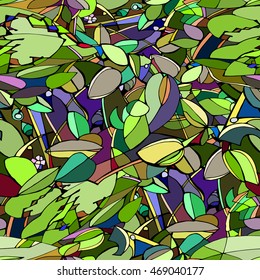 Vector seamless pattern with abstract stylized water plants on the pond surface. Hand drawn.