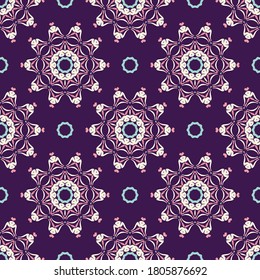 Vector seamless pattern with abstract symmetric ornament. Background with ethnic oriental motives. Versatile design for textiles, fabrics, upholstery, wallpaper and other surfaces.