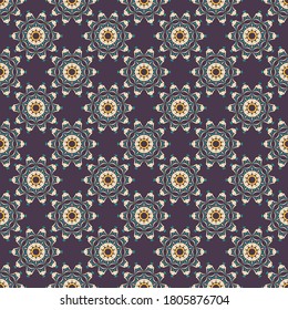 Vector seamless pattern with abstract symmetric ornament. Background with ethnic oriental motives. Versatile design for textiles, fabrics, upholstery, wallpaper and other surfaces.