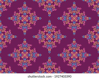 Vector seamless pattern with abstract symmetric ornament. Background with ethnic oriental motives. Versatile design for textiles, fabrics, upholstery, wallpaper and other surfaces.