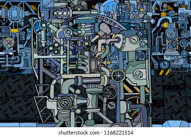 Vector seamless pattern with abstract technology, industry or steampunk background. Fantasy technology or factory illustration with decorative machine sketch elements. 
Hand drawn.