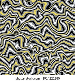 Vector seamless pattern. Abstract texture with thin wavy stripes. Creative distorted background. Decorative black liquid with illuminating yellow streaks.