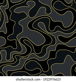 Vector seamless pattern. Abstract texture with thin monochrome wavy stripes. Creative distorted background. Decorative black liquid with illuminating yellow streaks.