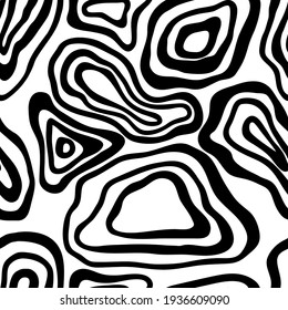 Vector seamless pattern from abstract texture with monochrome stains of liquid. Creative background with black stripes blots. Decorative design black wavy stripes optical art illusion.