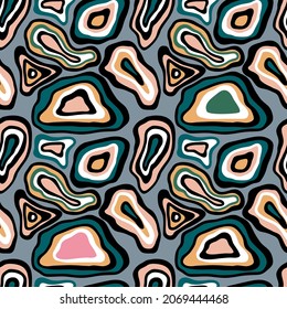 Vector seamless pattern from abstract texture with colored and monochrome stains of liquid. Creative background with bright multicolored, white and black blot stripes.