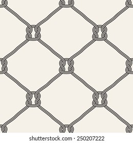 Vector seamless pattern. Abstract texture with ropes. Stylish monochrome print. Diagonal knotted grid