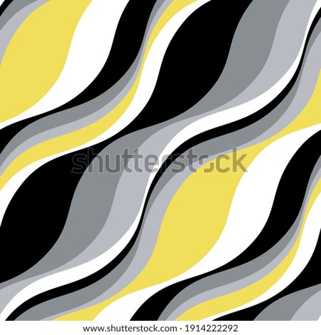 Vector seamless pattern. Abstract texture with contrast diagonal waves. Creative distorted background. Decorative black, white and illuminating yellow design. Can be used as swatch for illustrator.