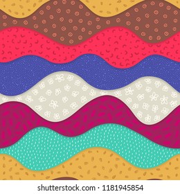Vector seamless pattern with abstract textured waves. Curve shapes with many different hand drawn elements. Waved layers with shadow. Material design. Wallpaper, textile, wrapping, print on clothes
