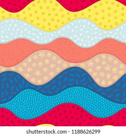 Vector seamless pattern with abstract textured waves. Curve shapes with many different hand drawn elements. Waved layers with shadow. Material design. Wallpaper, textile, wrapping, print on clothes