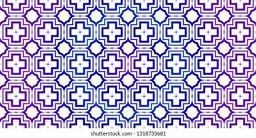 Vector Seamless Pattern With Abstract Traditional Geometric Style. Repeating Sample Figure And Line. Paper For Scrapbook. Blue purple gradient.