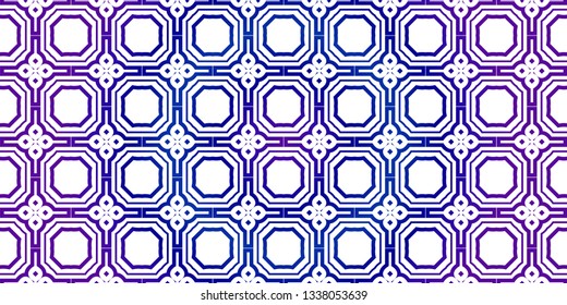 Vector Seamless Pattern With Abstract Traditional Geometric Style. Repeating Sample Figure And Line. Paper For Scrapbook. Blue purple gradient.