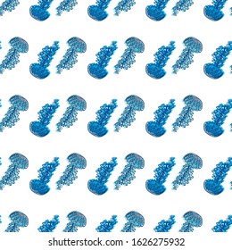 Vector seamless pattern. Abstract undersea design. Ornate jellyfishes (medusa) with wave tentacles. Perfect for background, wallpaper, texture, paper, textile, cotton fabric and more 
