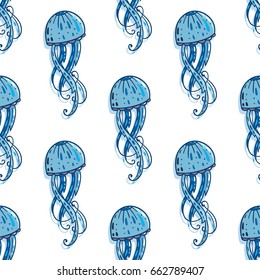 Vector seamless pattern. Abstract undersea design. Ocean jellyfishes (medusa) with wave tentacles. Perfect for background, wallpaper, texture, paper, textile, cotton fabric and more
