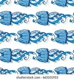 Vector seamless pattern. Abstract undersea design. Ocean jellyfishes (medusa) with wave tentacles. Perfect for background, wallpaper, texture, paper, textile, cotton fabric and more