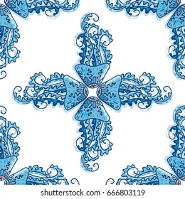 Vector seamless pattern. Abstract undersea design. Ocean jellyfishes (medusa) with wave tentacles. Perfect for background, wallpaper, texture, paper, textile, cotton fabric and more