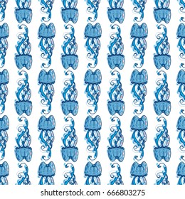 Vector seamless pattern. Abstract undersea design. Ocean jellyfishes (medusa) with wave tentacles. Perfect for background, wallpaper, texture, paper, textile, cotton fabric and more