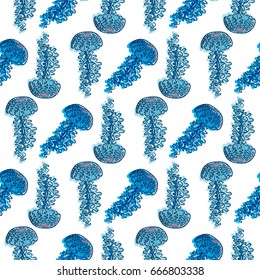 Vector seamless pattern. Abstract undersea design. Ornate jellyfishes (medusa) with wave tentacles. Perfect for background, wallpaper, texture, paper, textile, cotton fabric and more 