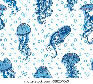 Vector seamless pattern. Abstract undersea design. Ocean jellyfishes (medusa) with wave tentacles, water bubbles on white background 