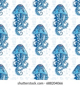 Vector seamless pattern. Abstract undersea design. Ocean jellyfishes (medusa) with wave tentacles. Perfect for background, wallpaper, texture, paper, textile, cotton fabric and more