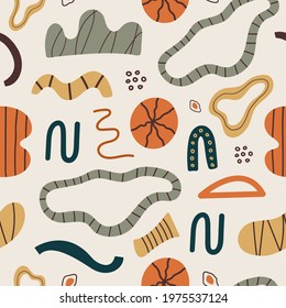 Vector seamless pattern of abstract various shapes and lines on pastel background. Trendy organic and minimalistic design for textile, banner, cover, wallpaper, fabric design