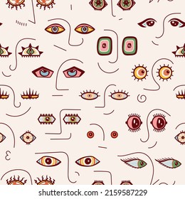 Vector Seamless Pattern with Abstract Various Strange Faces with Evil, Funny, Comic and Bizarre Eye Different Shapes. Woman, Man, Alien Face. Group of People. Background Colorful Modern Art.