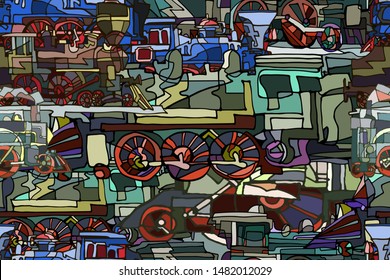 Vector seamless pattern with abstract vintage fantasy steam locomotives illustrating vintage design or technology or steampunk concept. Hand drawn.