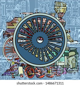 Vector seamless pattern with abstract vintage fantasy steam locomotives illustrating vintage design or technology or steampunk concept. Hand drawn.