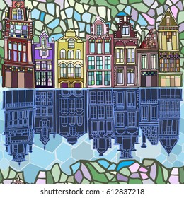 Vector seamless pattern with abstract vintage Dutch houses along a bank of a canal in spring. Hand drawn.