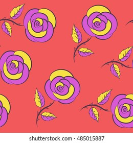 Vector seamless pattern with abstract violet, yellow and pink roses. Decorative floral background with flowers of roses.