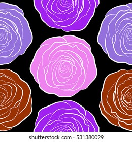 Vector seamless pattern of abstract violet, pink and brown roses. Vintage Watercolor Roses (hand drawn).