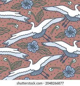 Vector seamless pattern with abstract waves of clouds and  flying cranes Cloudy sky, birds and flowers