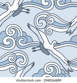 Vector seamless pattern with abstract waves of clouds and  flying cranes Cloudy sky and birds