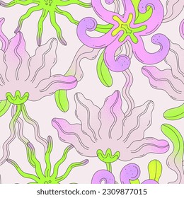 Vector seamless pattern with abstract wavy flowers on milky background. Summer or spring floral design for wallpaper, fabric, wrapping paper, notebook covers, bed linen. Pink and acid green colors