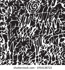 Vector seamless pattern with abstract white doodles on a black backdrop. Random intersecting scribble lines. Creative background, graphic print for textile, clothes, wallpaper design, wrapping paper