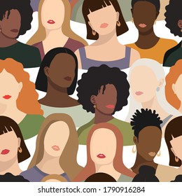 Vector seamless pattern with abstract woman portraits. Beautiful female silhouettes. Different hairstyles. Flat design. Girl's face vector illustration.